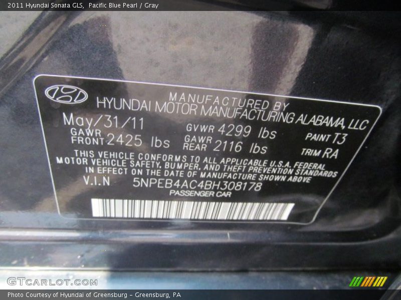 Pacific Blue Pearl / Gray 2011 Hyundai Sonata GLS