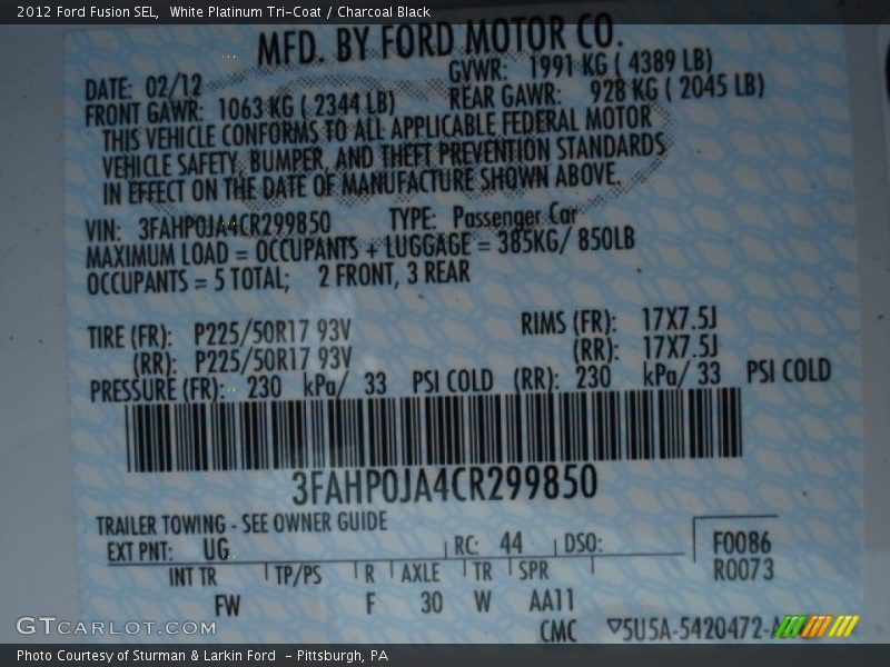 White Platinum Tri-Coat / Charcoal Black 2012 Ford Fusion SEL