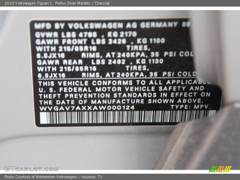 Reflex Silver Metallic / Charcoal 2010 Volkswagen Tiguan S