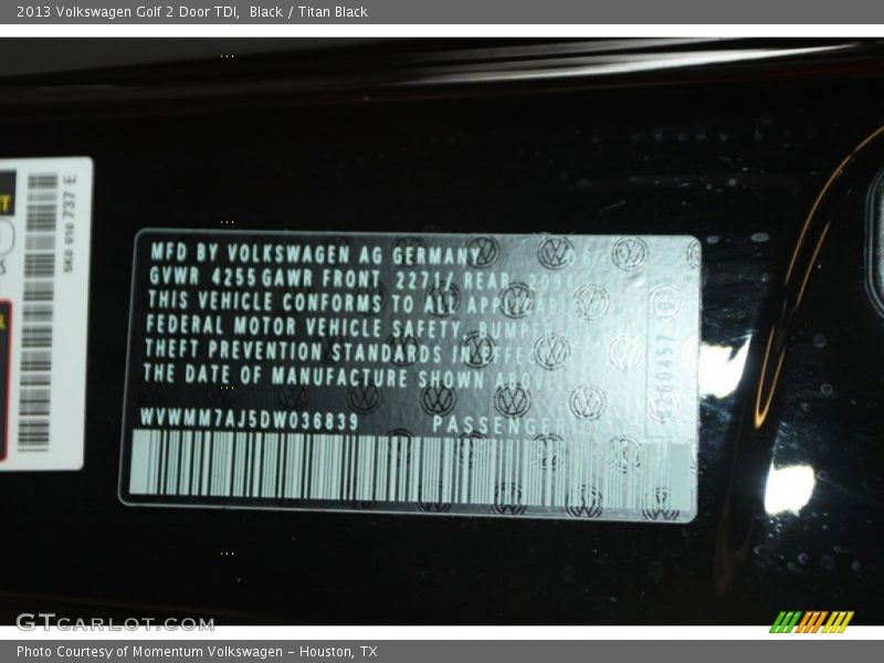 Black / Titan Black 2013 Volkswagen Golf 2 Door TDI