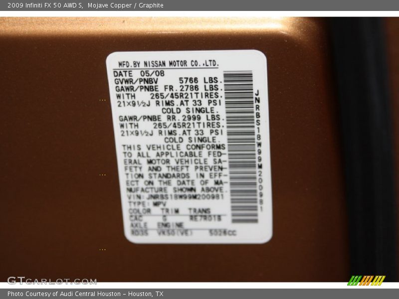 Mojave Copper / Graphite 2009 Infiniti FX 50 AWD S