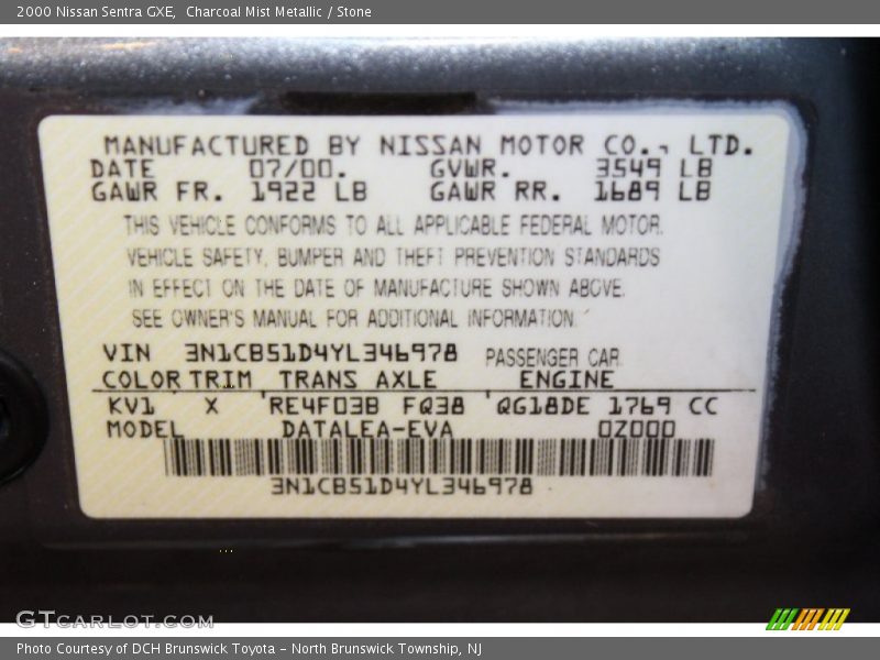 2000 Sentra GXE Charcoal Mist Metallic Color Code KV1