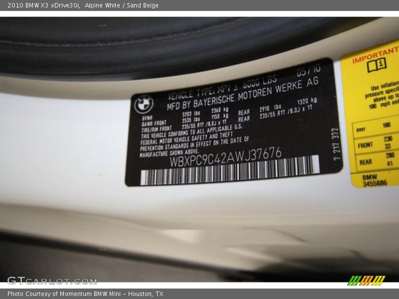 Alpine White / Sand Beige 2010 BMW X3 xDrive30i