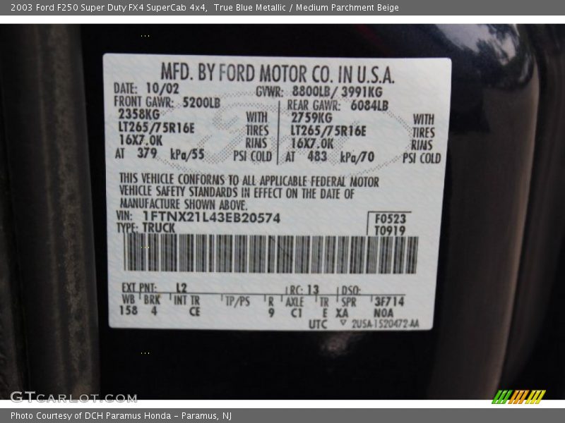 True Blue Metallic / Medium Parchment Beige 2003 Ford F250 Super Duty FX4 SuperCab 4x4