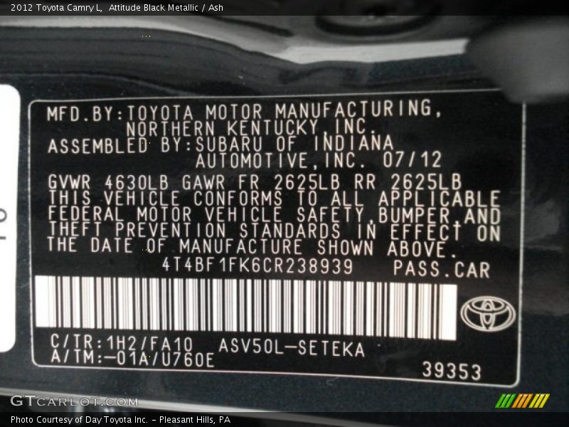 Attitude Black Metallic / Ash 2012 Toyota Camry L