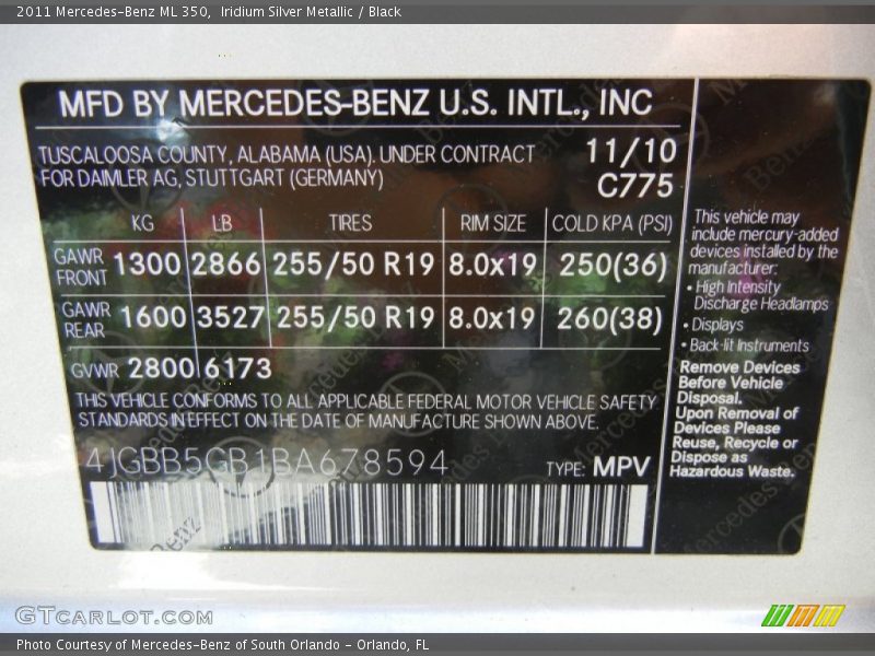 Iridium Silver Metallic / Black 2011 Mercedes-Benz ML 350