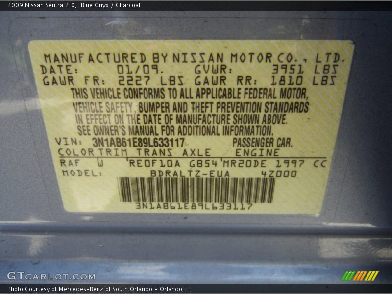 Blue Onyx / Charcoal 2009 Nissan Sentra 2.0