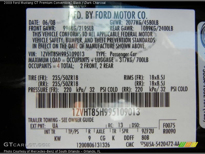 Black / Dark Charcoal 2009 Ford Mustang GT Premium Convertible