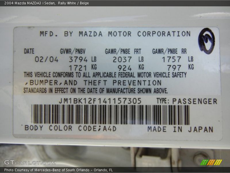 Rally White / Beige 2004 Mazda MAZDA3 i Sedan