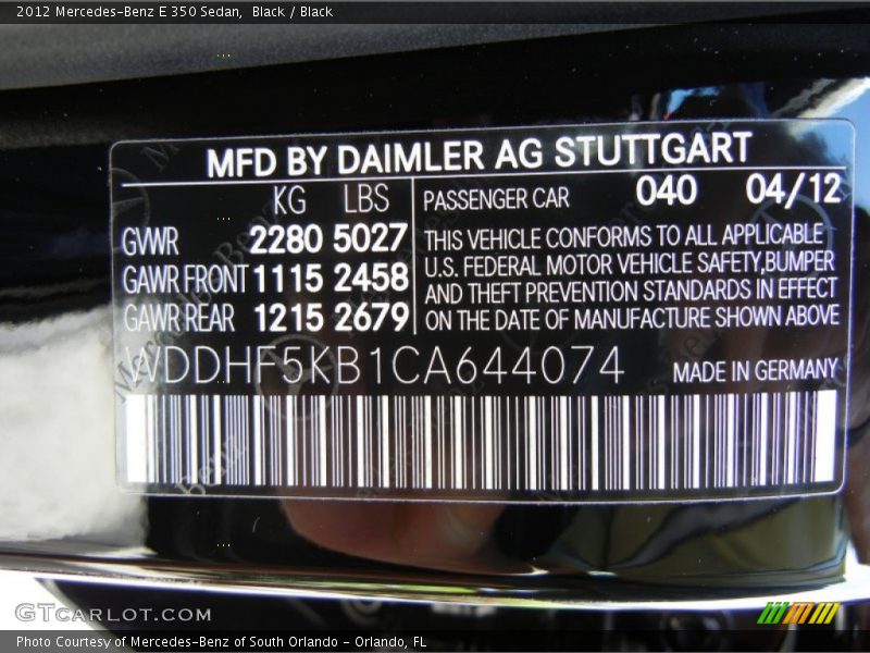 2012 E 350 Sedan Black Color Code 040