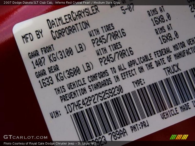 2007 Dakota SLT Club Cab Inferno Red Crystal Pearl Color Code PRJ