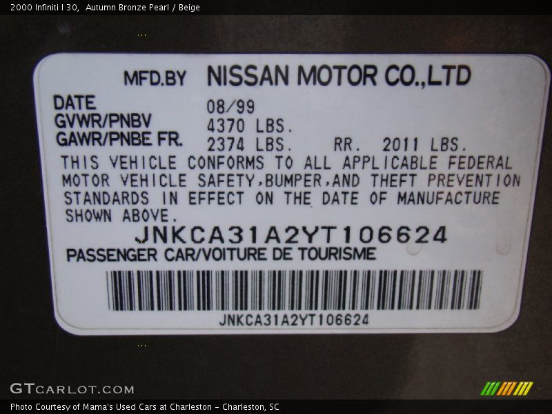 Autumn Bronze Pearl / Beige 2000 Infiniti I 30