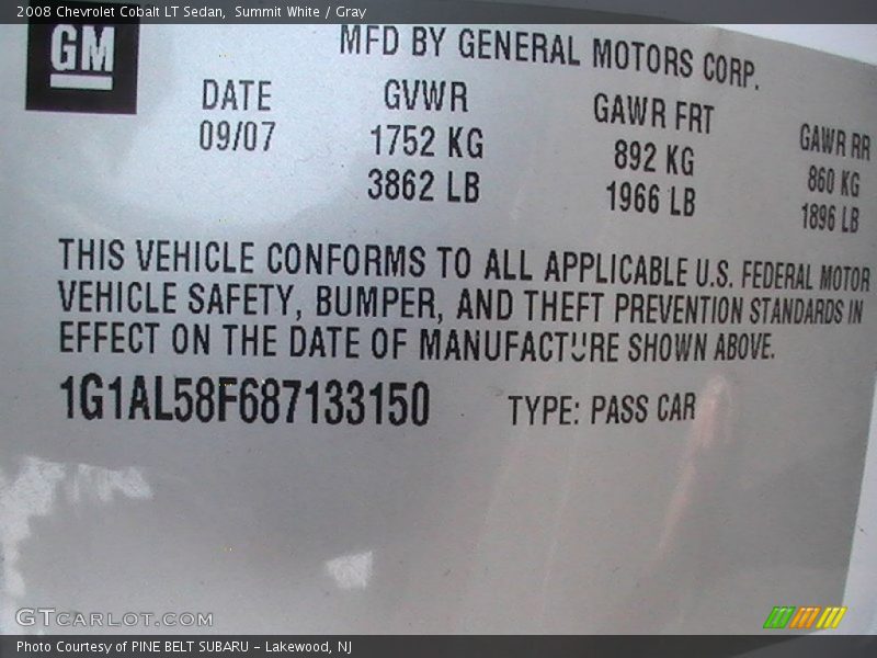 Summit White / Gray 2008 Chevrolet Cobalt LT Sedan