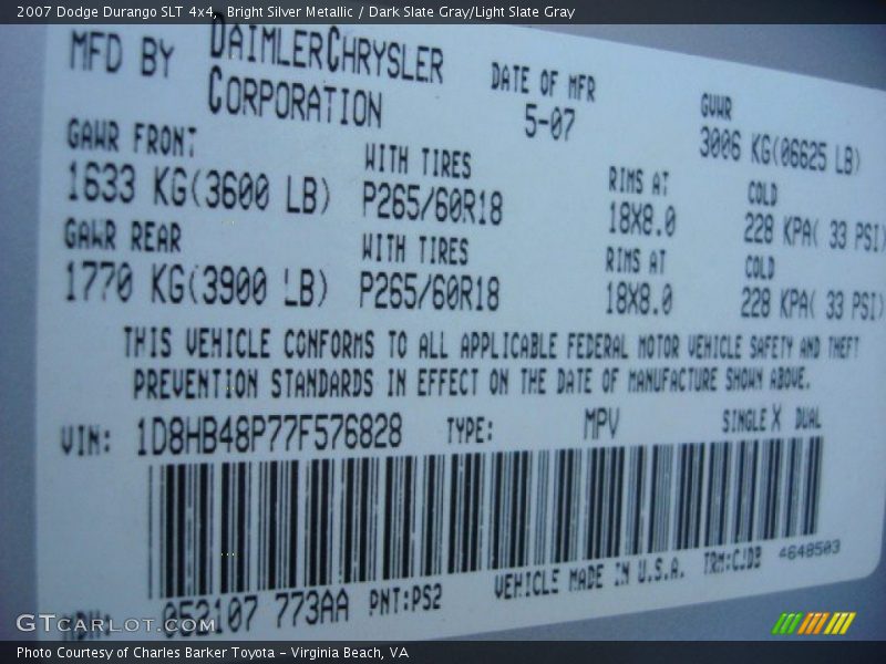 Bright Silver Metallic / Dark Slate Gray/Light Slate Gray 2007 Dodge Durango SLT 4x4