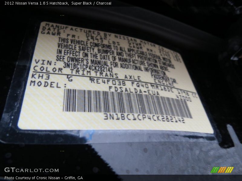 2012 Versa 1.8 S Hatchback Super Black Color Code KH3