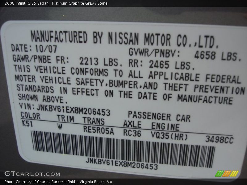 Platinum Graphite Gray / Stone 2008 Infiniti G 35 Sedan
