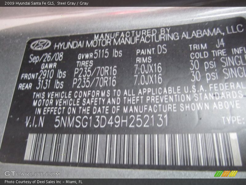 Steel Gray / Gray 2009 Hyundai Santa Fe GLS