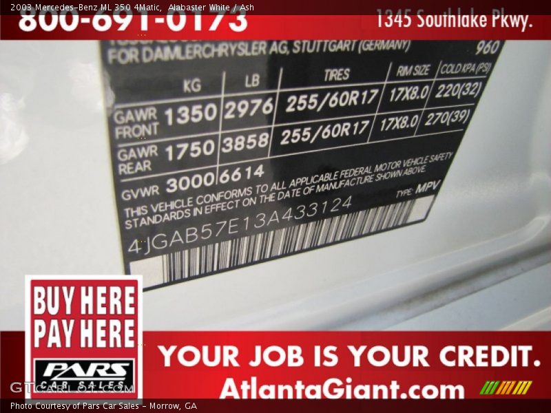 Alabaster White / Ash 2003 Mercedes-Benz ML 350 4Matic