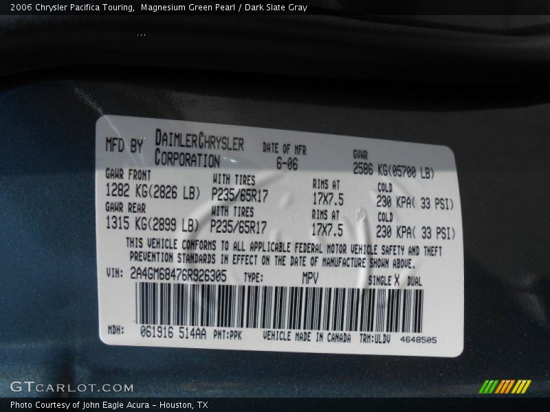 Magnesium Green Pearl / Dark Slate Gray 2006 Chrysler Pacifica Touring