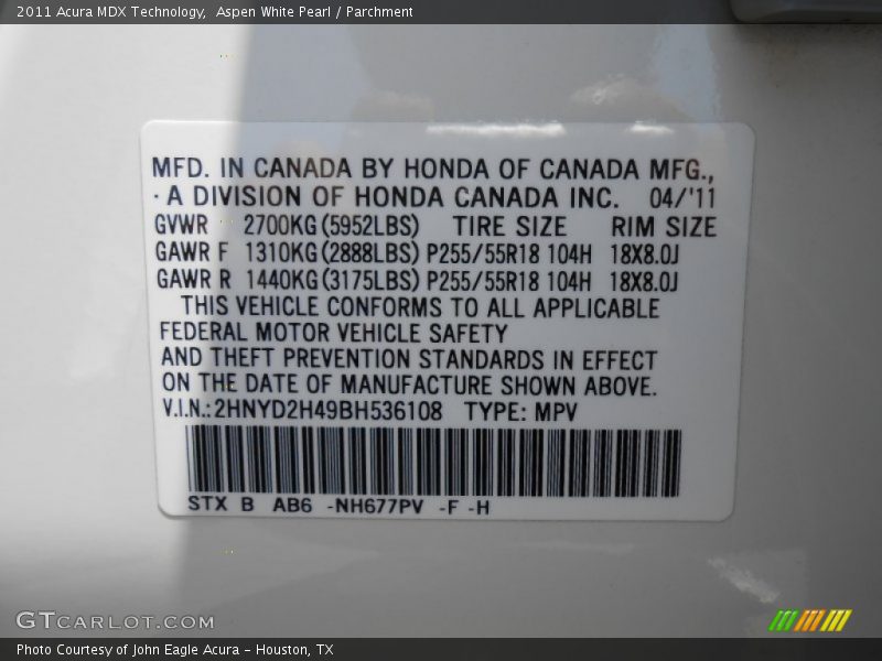 Aspen White Pearl / Parchment 2011 Acura MDX Technology