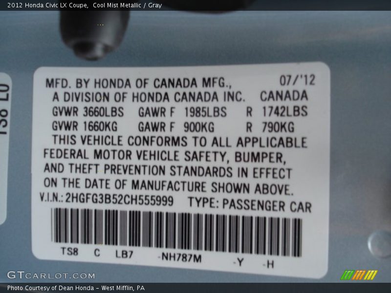 2012 Civic LX Coupe Cool Mist Metallic Color Code NH787M