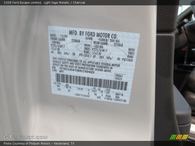 Light Sage Metallic / Charcoal 2008 Ford Escape Limited