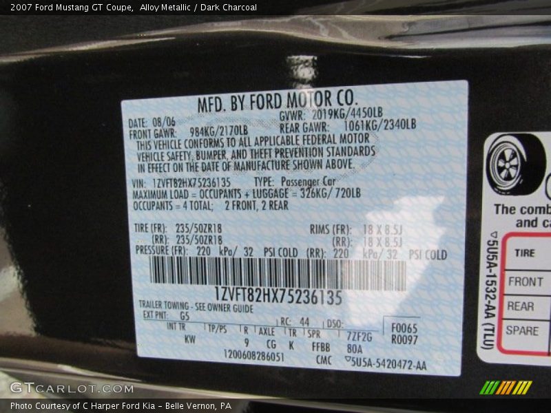 2007 Mustang GT Coupe Alloy Metallic Color Code G5