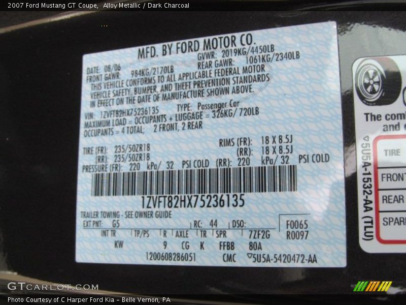 2007 Mustang GT Coupe Alloy Metallic Color Code G5