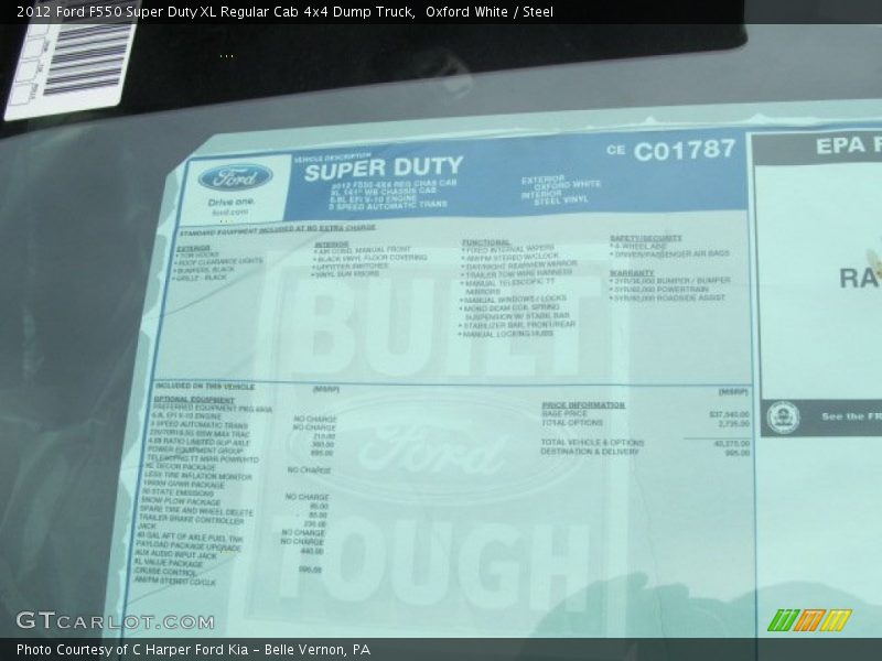  2012 F550 Super Duty XL Regular Cab 4x4 Dump Truck Window Sticker