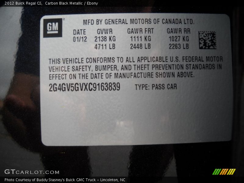 Carbon Black Metallic / Ebony 2012 Buick Regal GS