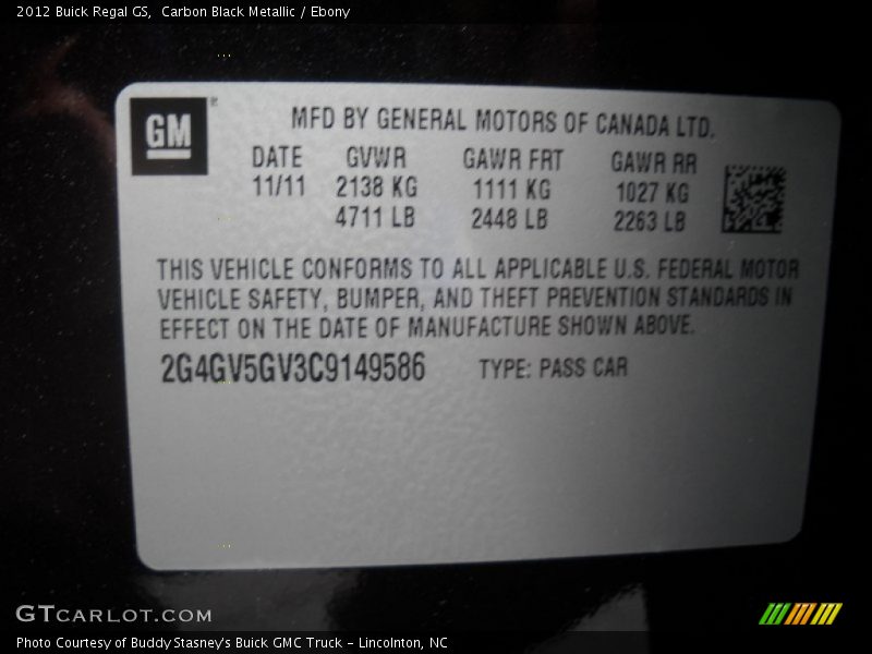 Carbon Black Metallic / Ebony 2012 Buick Regal GS