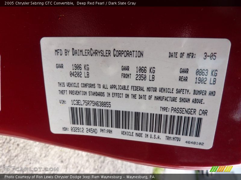 Deep Red Pearl / Dark Slate Gray 2005 Chrysler Sebring GTC Convertible
