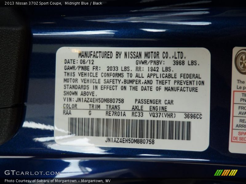2013 370Z Sport Coupe Midnight Blue Color Code RAA