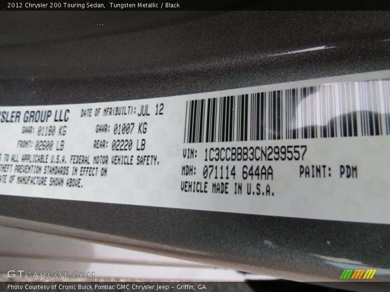Tungsten Metallic / Black 2012 Chrysler 200 Touring Sedan