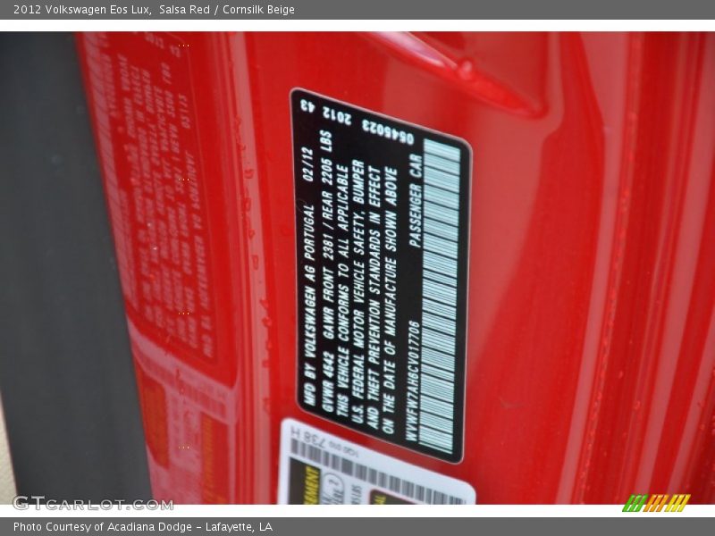 Salsa Red / Cornsilk Beige 2012 Volkswagen Eos Lux
