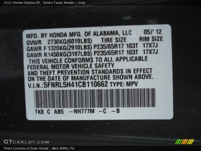 Smoky Topaz Metallic / Gray 2012 Honda Odyssey EX
