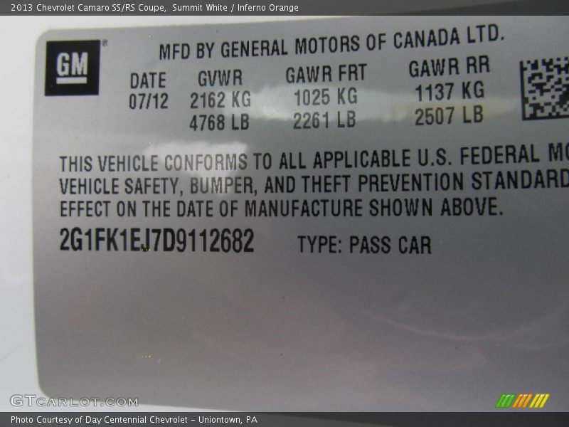 Summit White / Inferno Orange 2013 Chevrolet Camaro SS/RS Coupe