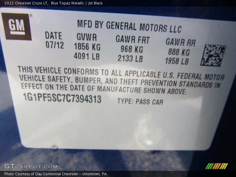 Blue Topaz Metallic / Jet Black 2012 Chevrolet Cruze LT