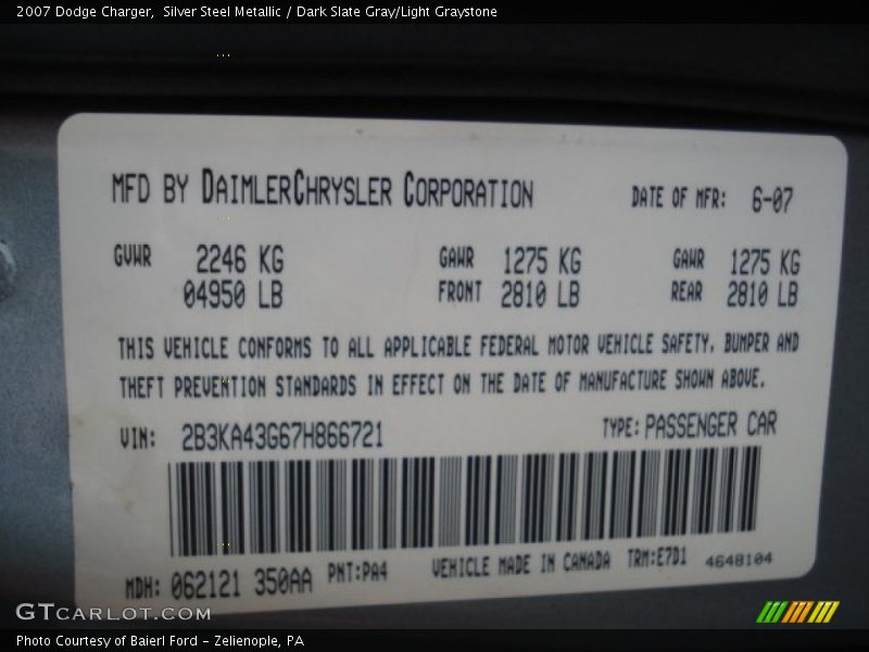 Silver Steel Metallic / Dark Slate Gray/Light Graystone 2007 Dodge Charger