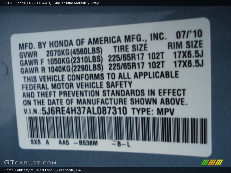 Glacier Blue Metallic / Gray 2010 Honda CR-V LX AWD