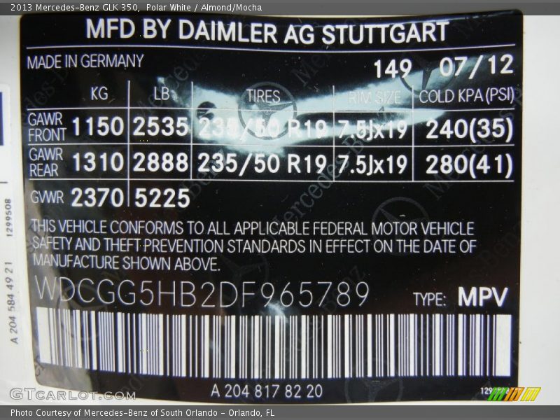 2013 GLK 350 Polar White Color Code 149