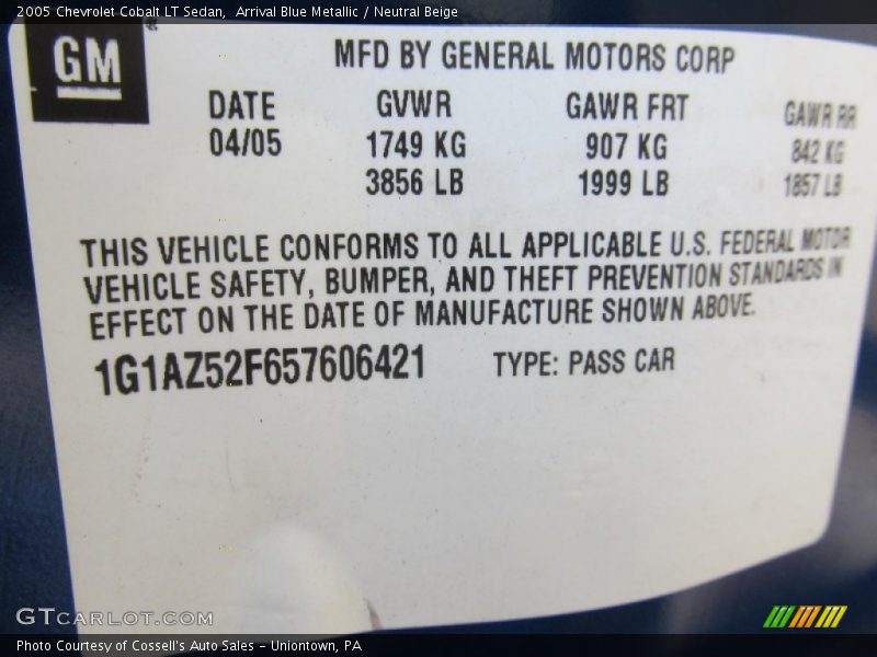 Arrival Blue Metallic / Neutral Beige 2005 Chevrolet Cobalt LT Sedan
