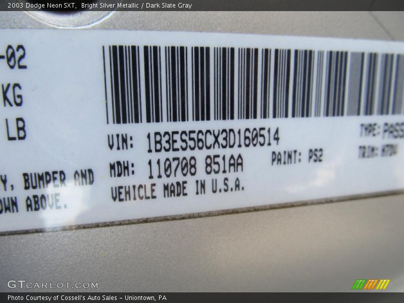 Bright Silver Metallic / Dark Slate Gray 2003 Dodge Neon SXT