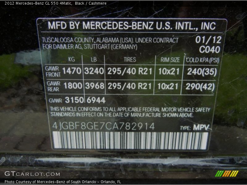 2012 GL 550 4Matic Black Color Code 040