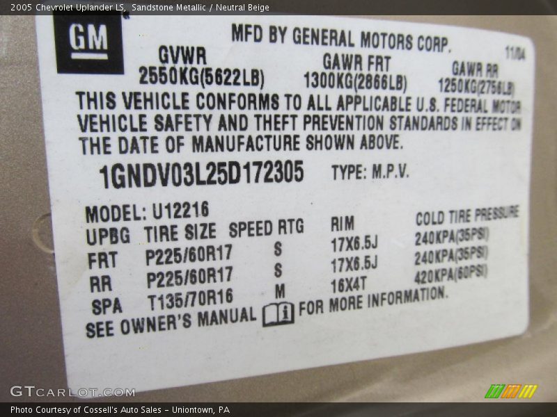 Sandstone Metallic / Neutral Beige 2005 Chevrolet Uplander LS