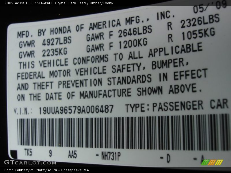 2009 TL 3.7 SH-AWD Crystal Black Pearl Color Code NH731P