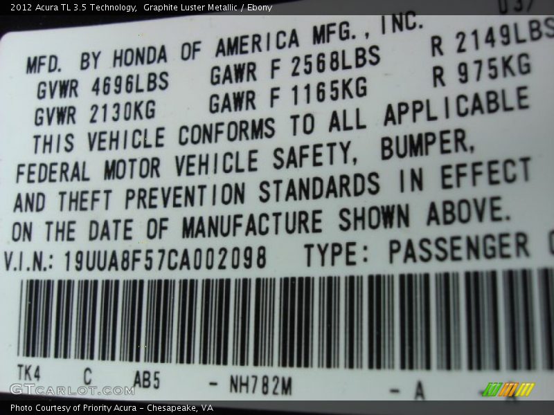 Graphite Luster Metallic / Ebony 2012 Acura TL 3.5 Technology