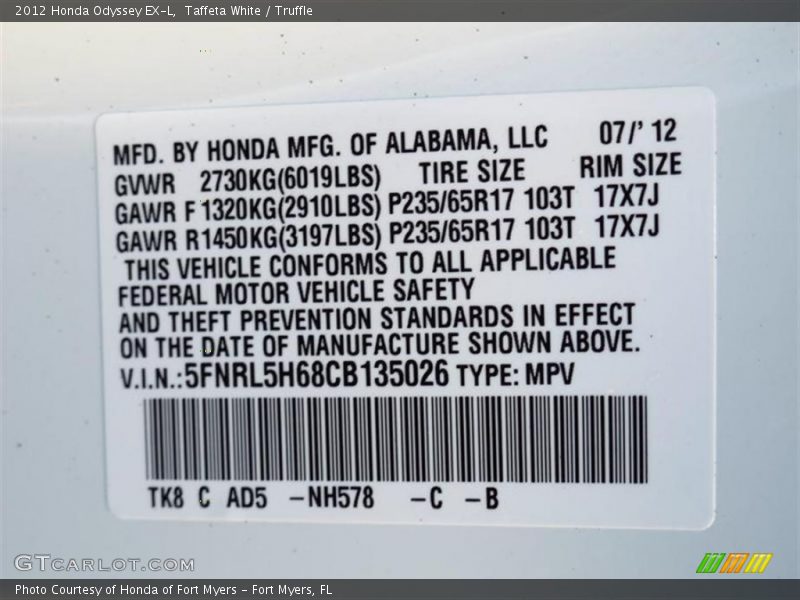 Taffeta White / Truffle 2012 Honda Odyssey EX-L