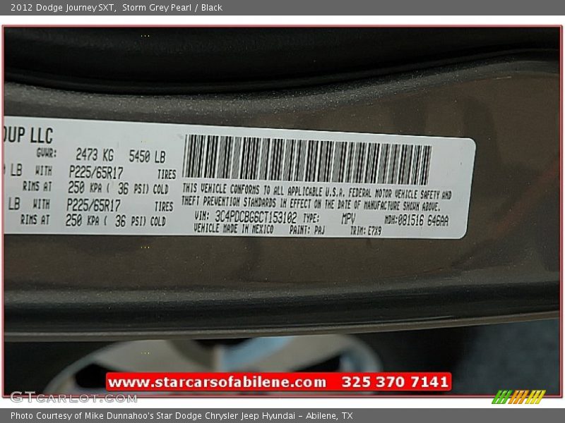 Storm Grey Pearl / Black 2012 Dodge Journey SXT