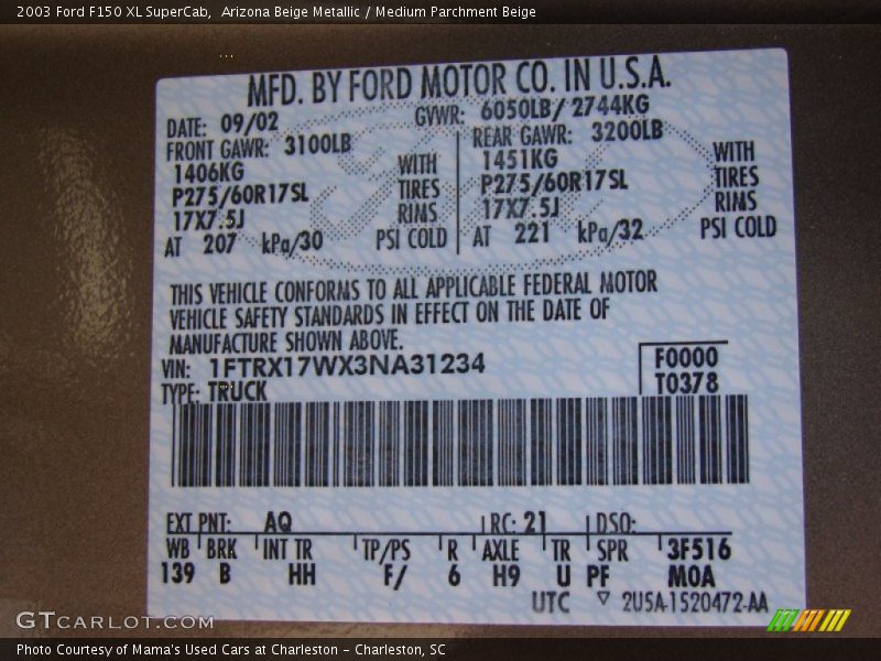 Arizona Beige Metallic / Medium Parchment Beige 2003 Ford F150 XL SuperCab